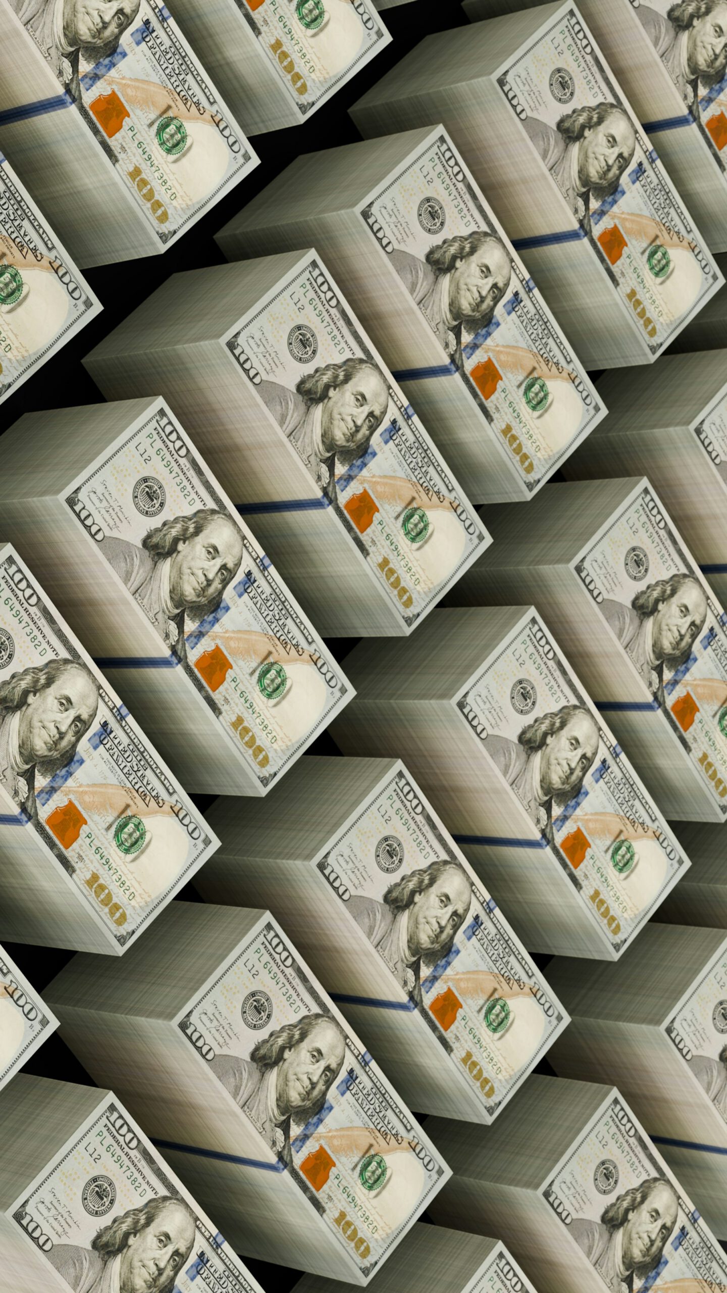 Stacks of hundred dollar bills are visible.